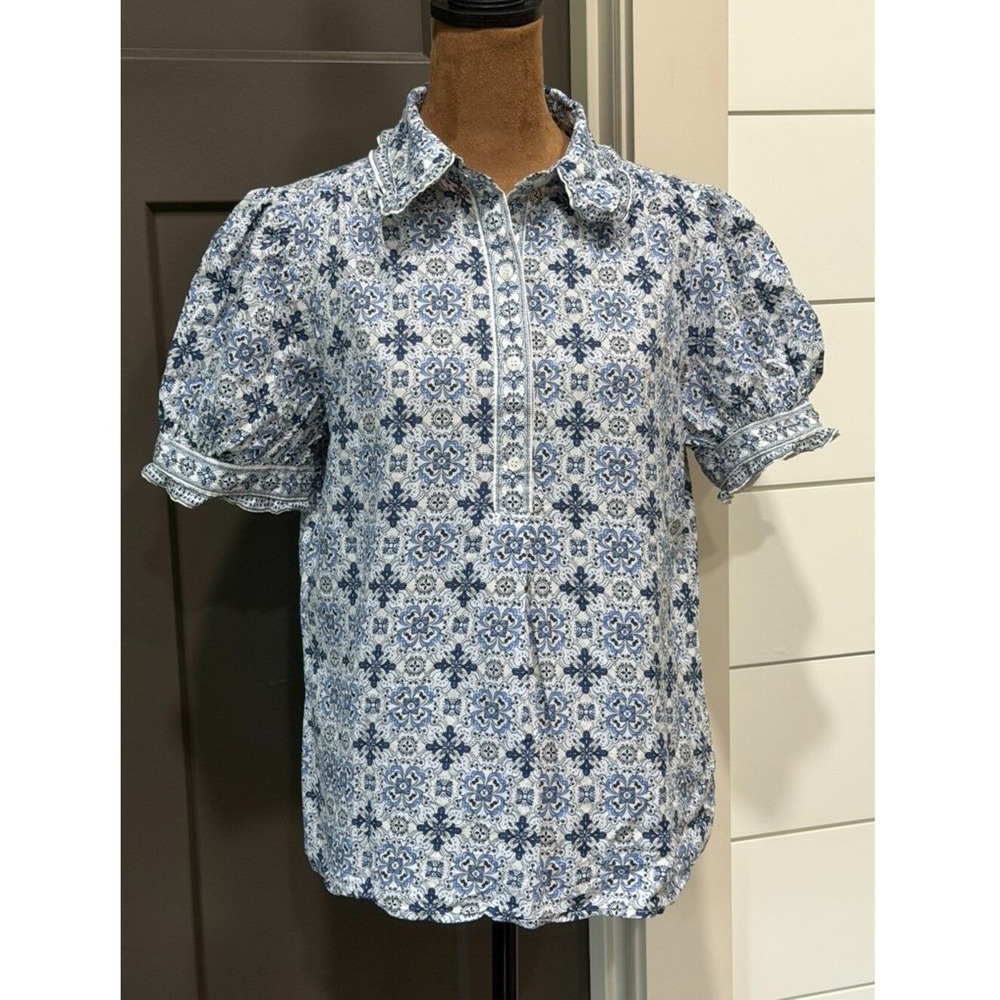 Max Studio Puff‑Sleeve Button‑Up Top — Blue/White — Size Small